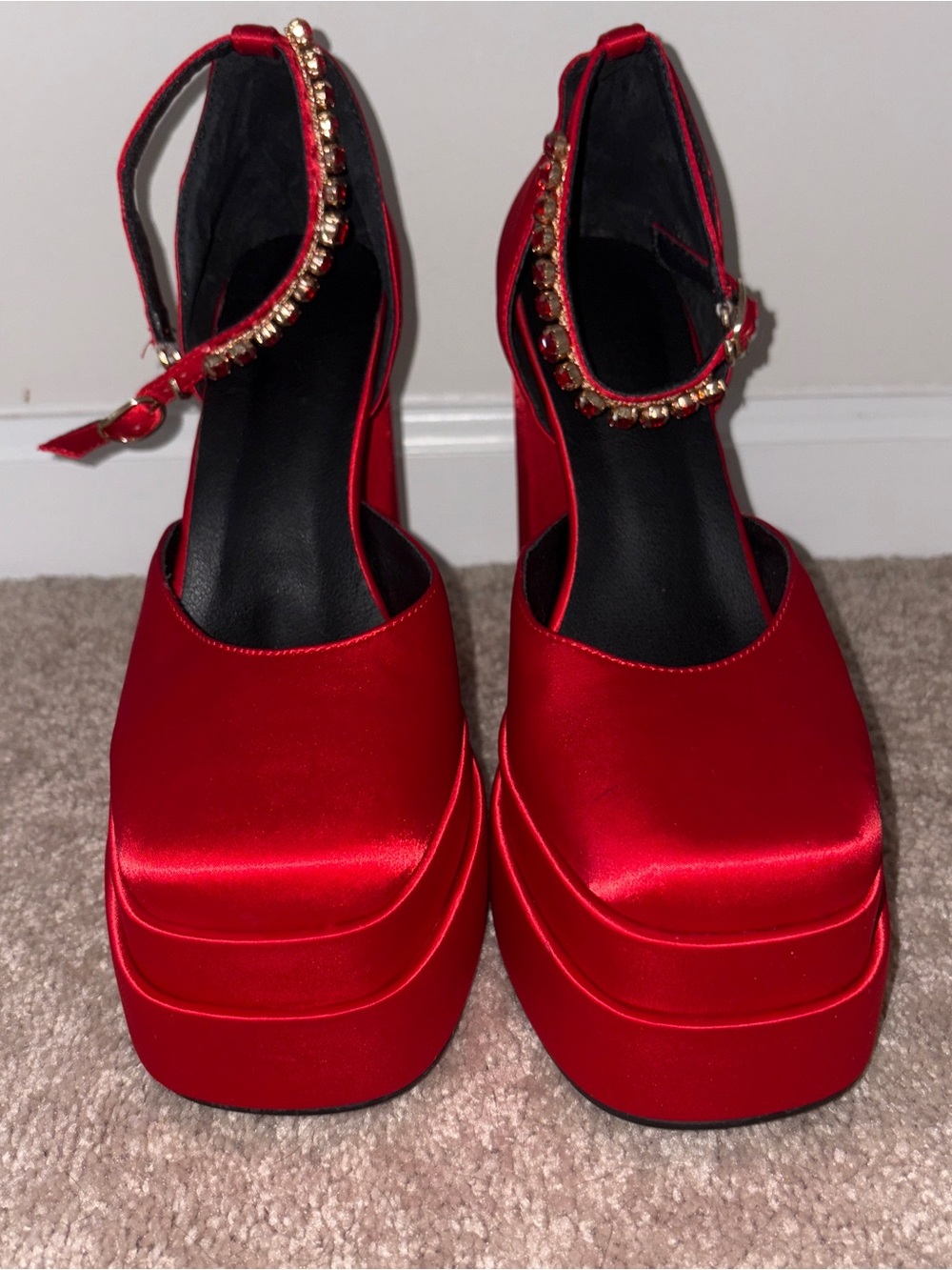 Red Satin Platform Heels with Jeweled Ankle Strap - Women’s Size 9
